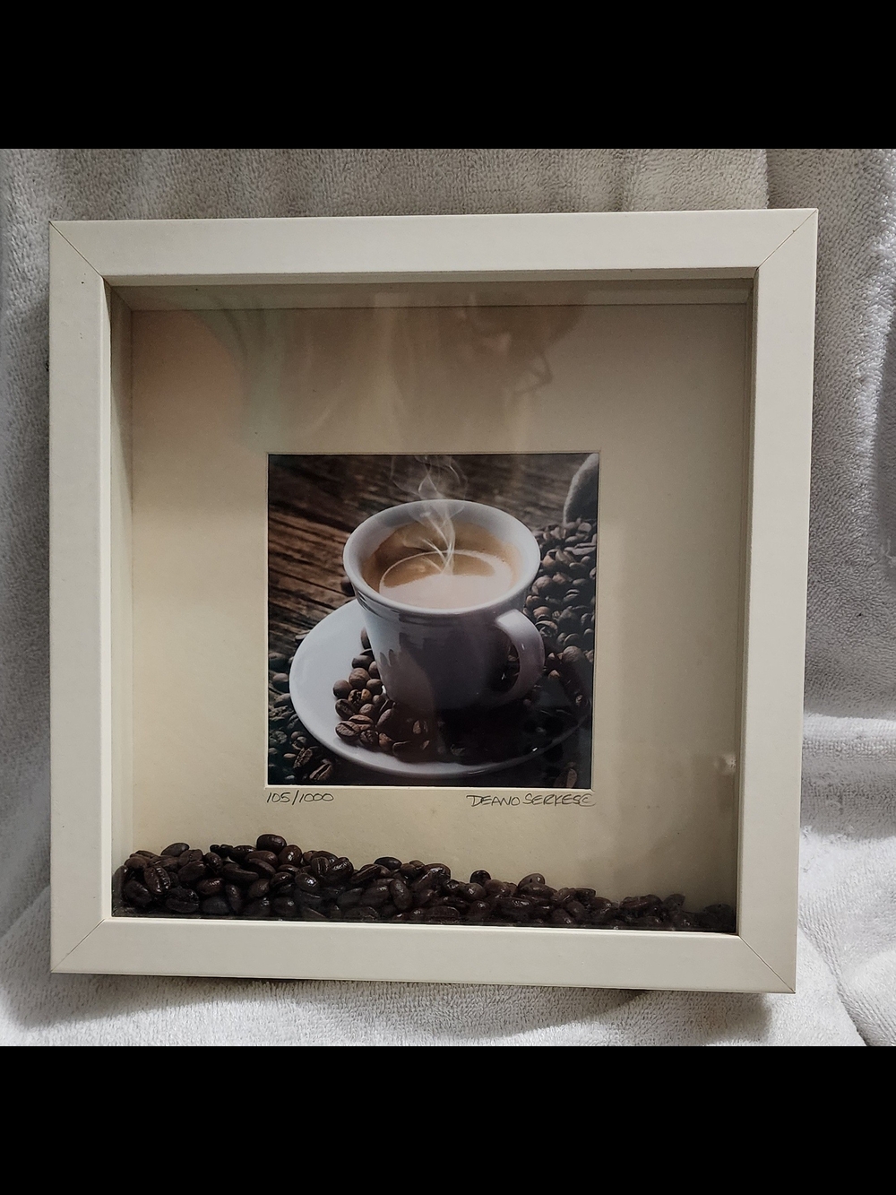 Signed and Numbered White Framed Coffee Art Shadow Box (10x10x1.75)
